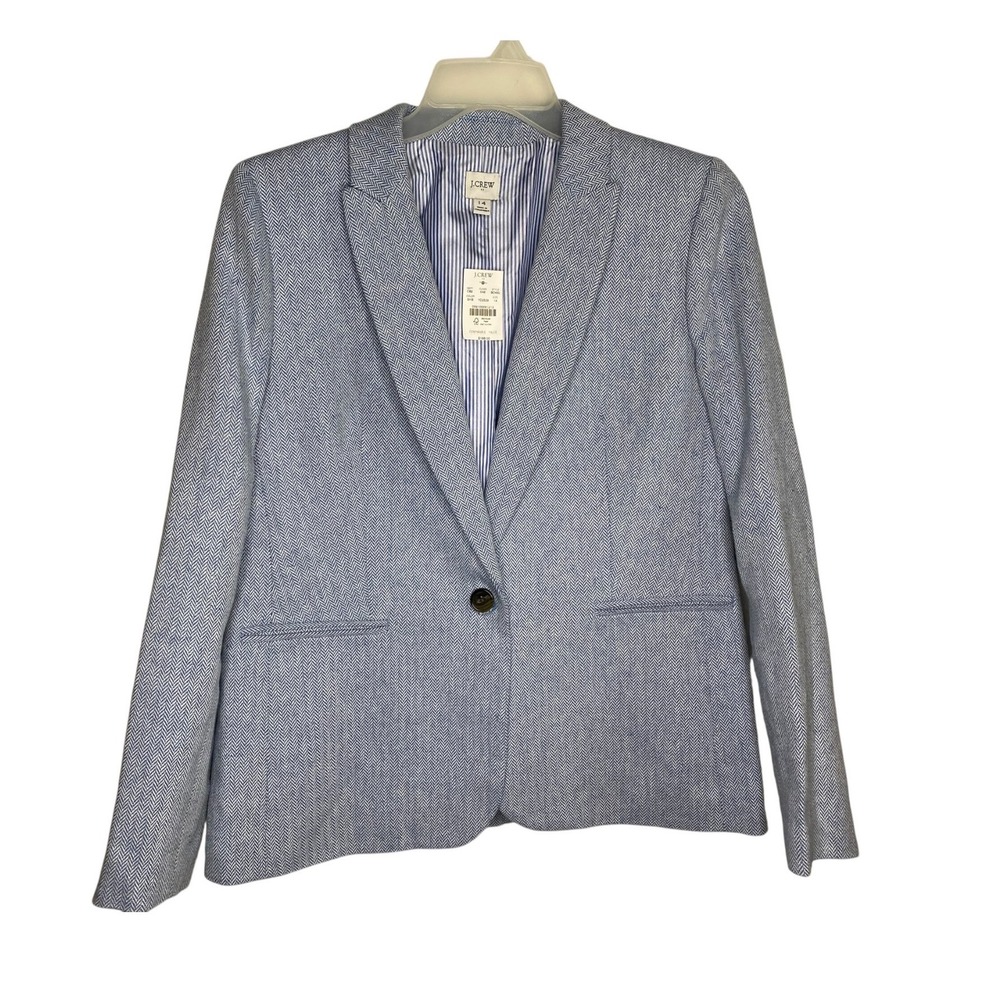 J.Crew Womens Blue White Herringbone Linen Cotton Blazer Jacket Size 14 NWT NEW